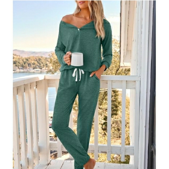 Comfy 2 Piece Pajamas Set Loungewear Outfit Green - Picture 3 of 7